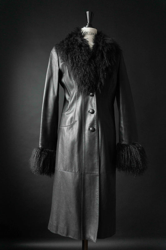 Vintage Escada Leder-Mantel mit schwarzem Lammfell-Besatz aus den 80er Jahren
