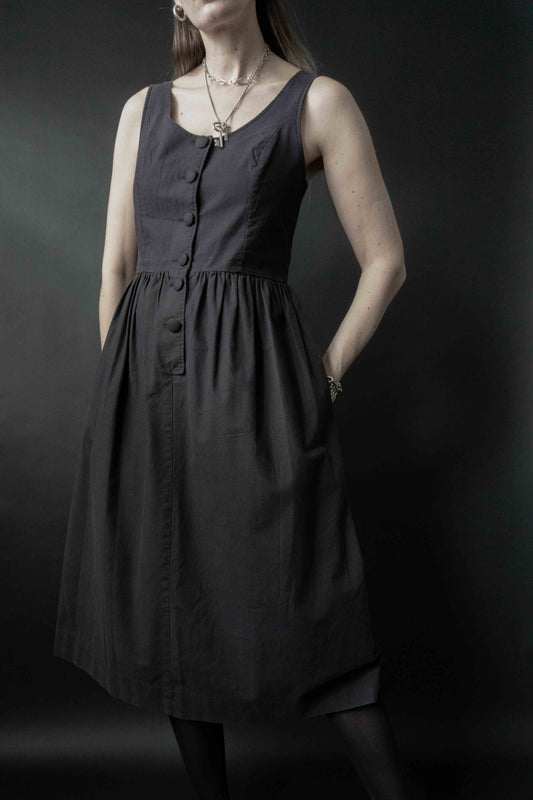 Schwarzes Laura Ashley Leinen-Baumwollkleid 90er Vintage mit Knopfleiste