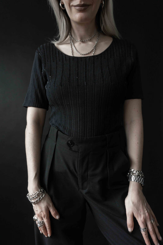 Vintage 90s Basic T-Shirt Schwarz Struktur Perlenstickerei