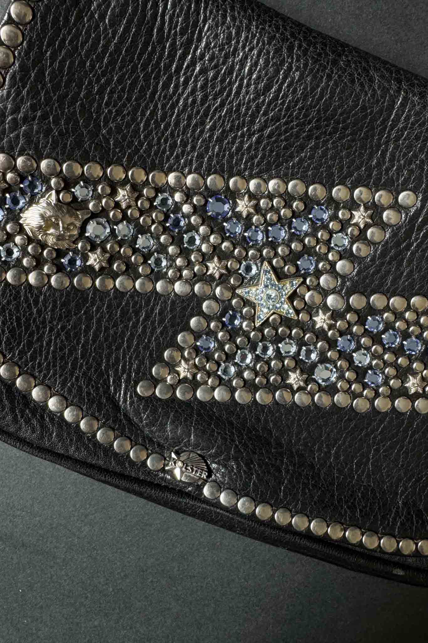 Kolster Vintage Ledertasche mit blauen Strasssteinen & silberner Hardware