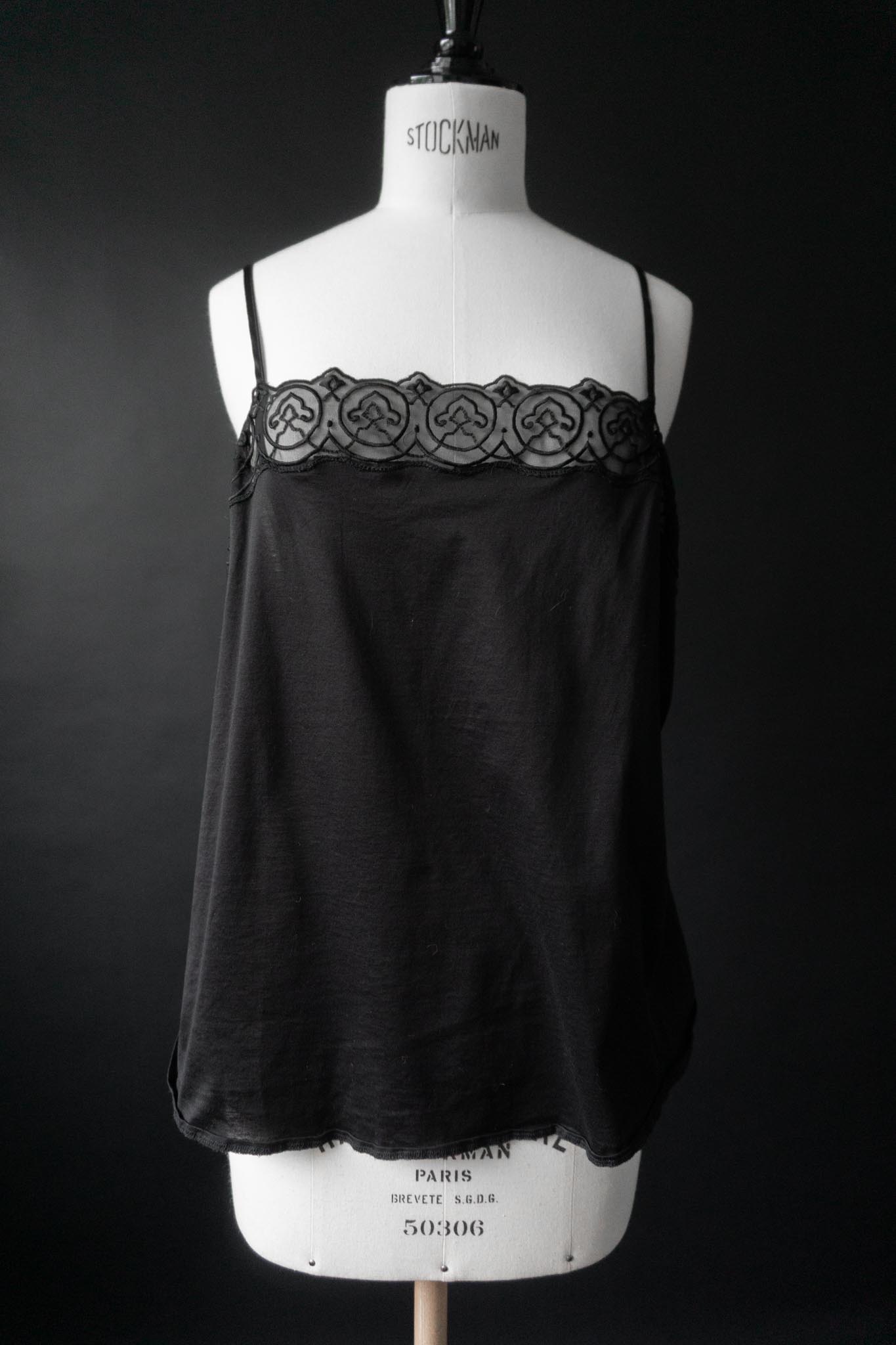 Schwarzes Vintage-Top aus Baumwolle mit transparenter Spitzenbordüre