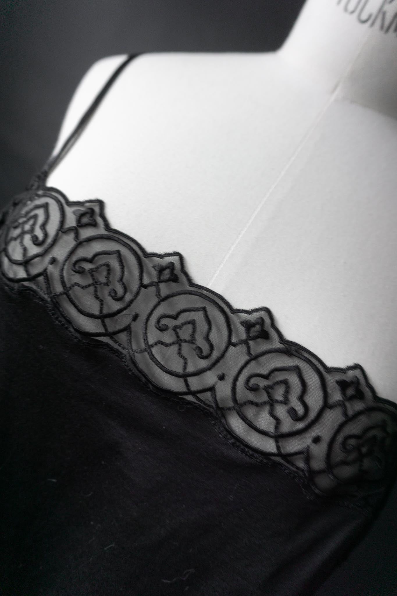 Schwarzes Vintage-Top aus Baumwolle mit transparenter Spitzenbordüre