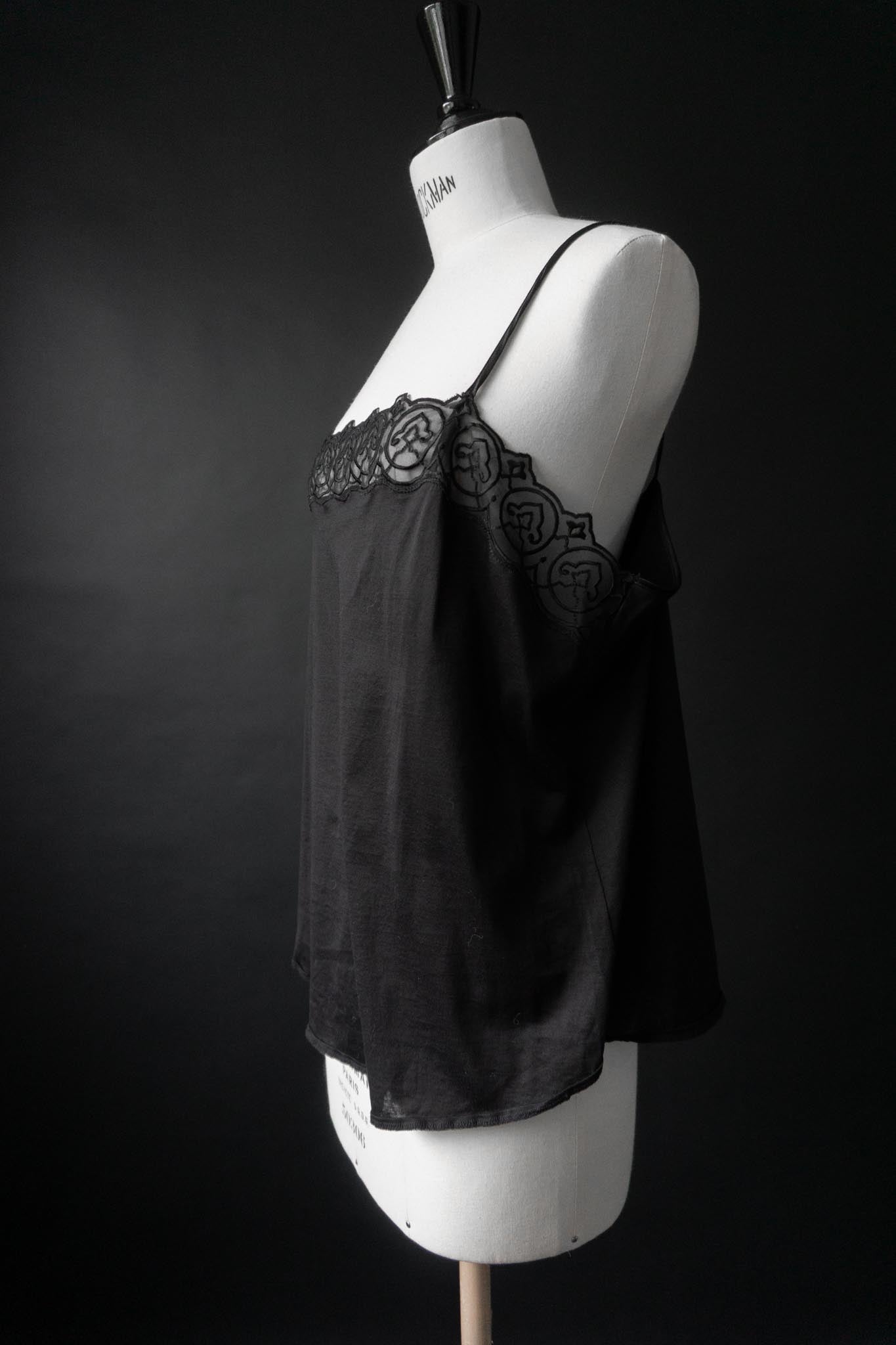 Schwarzes Vintage-Top aus Baumwolle mit transparenter Spitzenbordüre