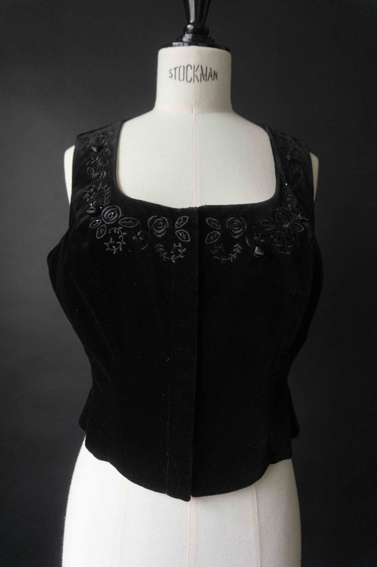 Laura Ashley Corsagentop Samt Schwarz Blüten Gothic