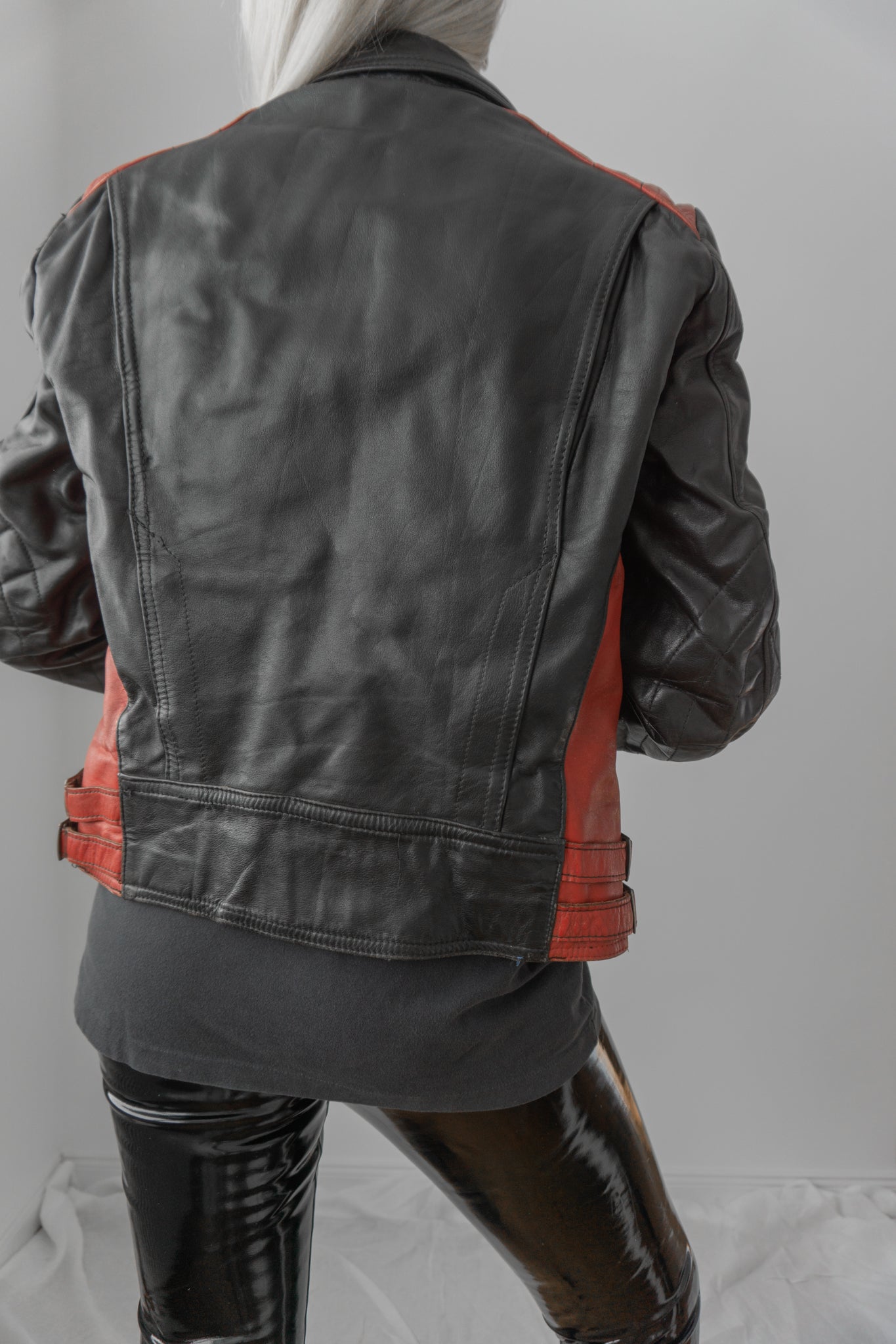 Leather Biker Jacket Black Red XS
