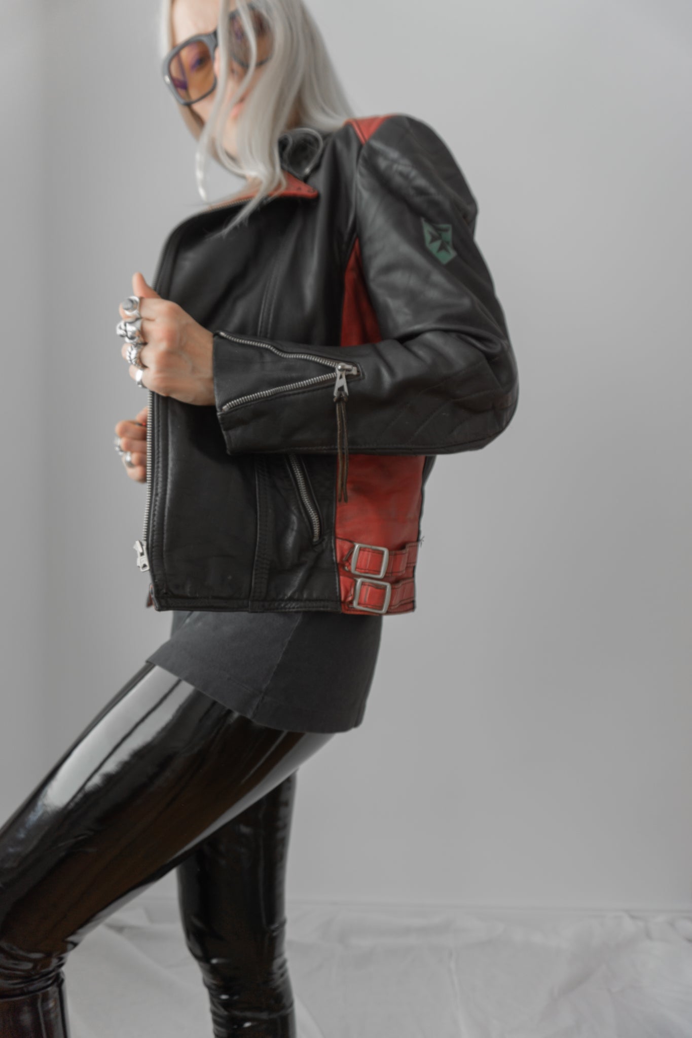 Leather Biker Jacket Black Red XS